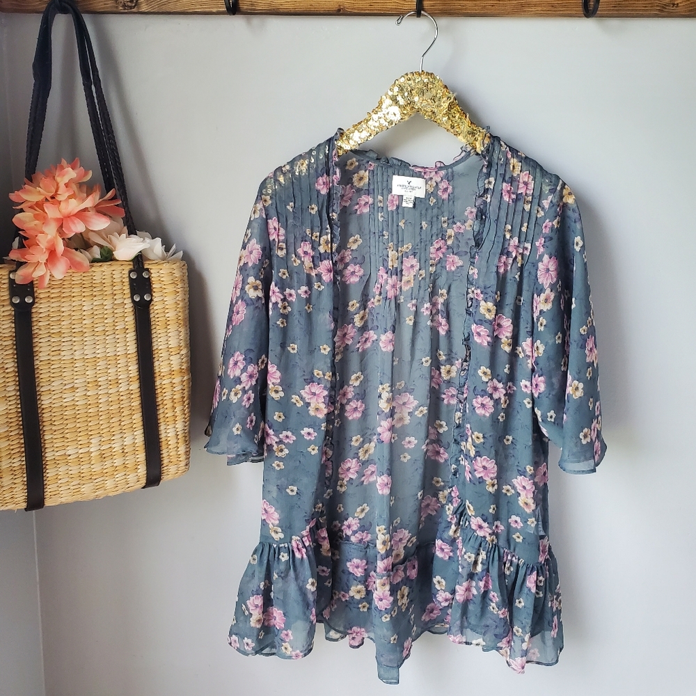 American Eagle Floral Open Cardigan Kimono XS
